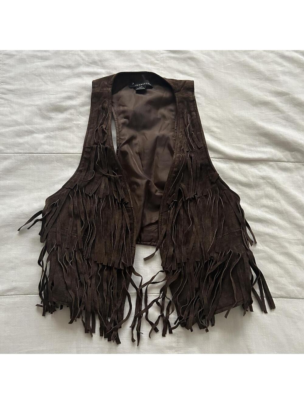 Twentyone Brown Real Suede Fringe Vest Open Front Western Boho Size S/P